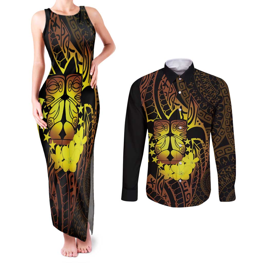 Kia Orana Kuki Airani Couples Matching Tank Maxi Dress and Long Sleeve Button Shirt Cook Islands Tangaroa God Tatau Gold