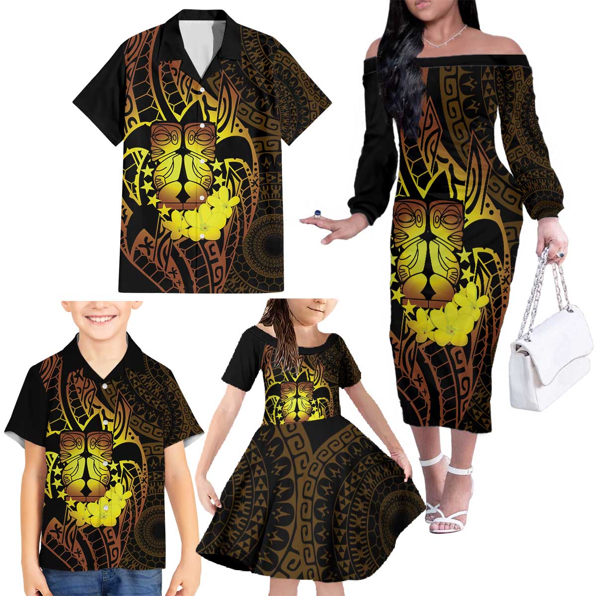 Kia Orana Kuki Airani Family Matching Off The Shoulder Long Sleeve Dress and Hawaiian Shirt Cook Islands Tangaroa God Tatau Gold