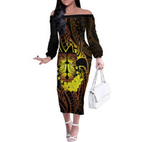Kia Orana Kuki Airani Family Matching Off The Shoulder Long Sleeve Dress and Hawaiian Shirt Cook Islands Tangaroa God Tatau Gold
