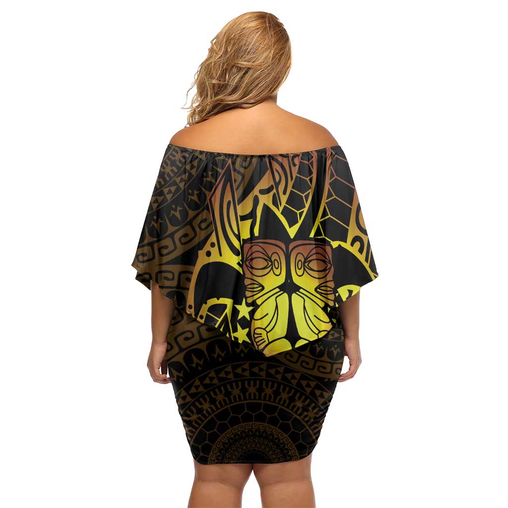 Kia Orana Kuki Airani Family Matching Off Shoulder Short Dress and Hawaiian Shirt Cook Islands Tangaroa God Tatau Gold