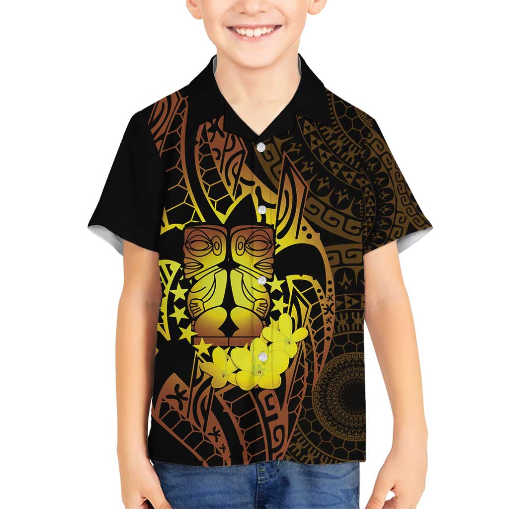 Kia Orana Kuki Airani Family Matching Off Shoulder Short Dress and Hawaiian Shirt Cook Islands Tangaroa God Tatau Gold