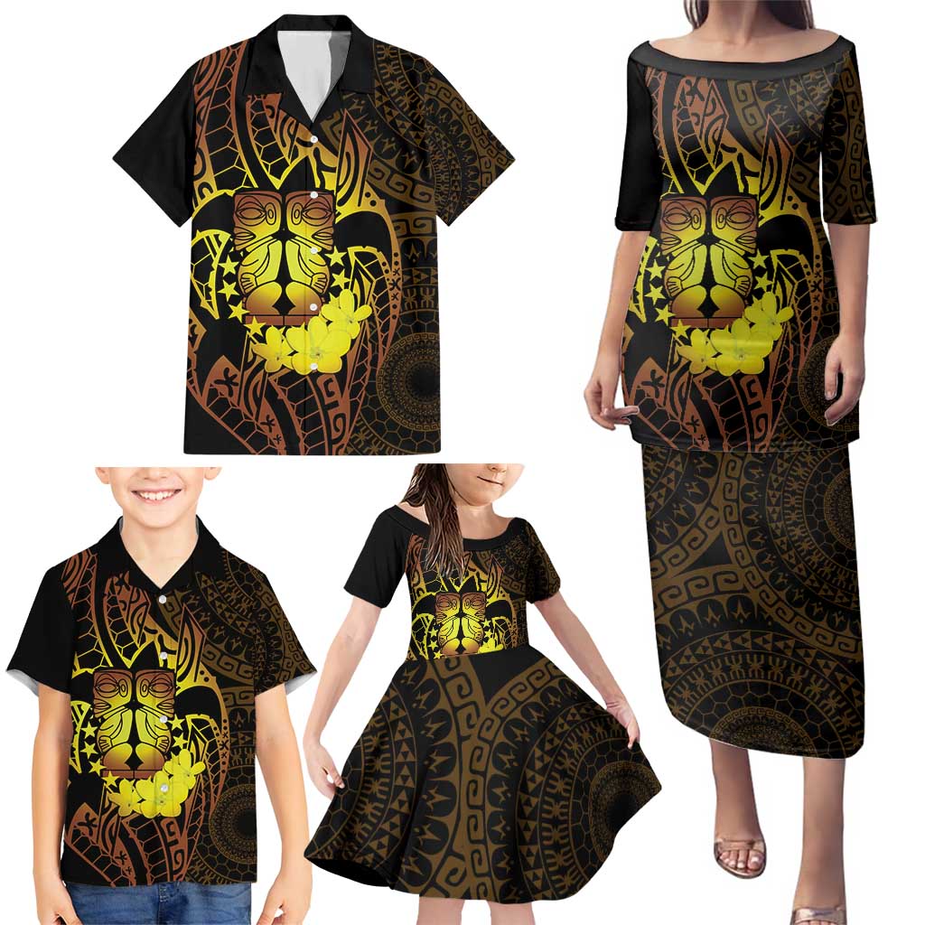 Kia Orana Kuki Airani Family Matching Puletasi and Hawaiian Shirt Cook Islands Tangaroa God Tatau Gold