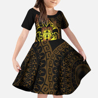 Kia Orana Kuki Airani Kid Short Sleeve Dress Cook Islands Tangaroa God Tatau Gold