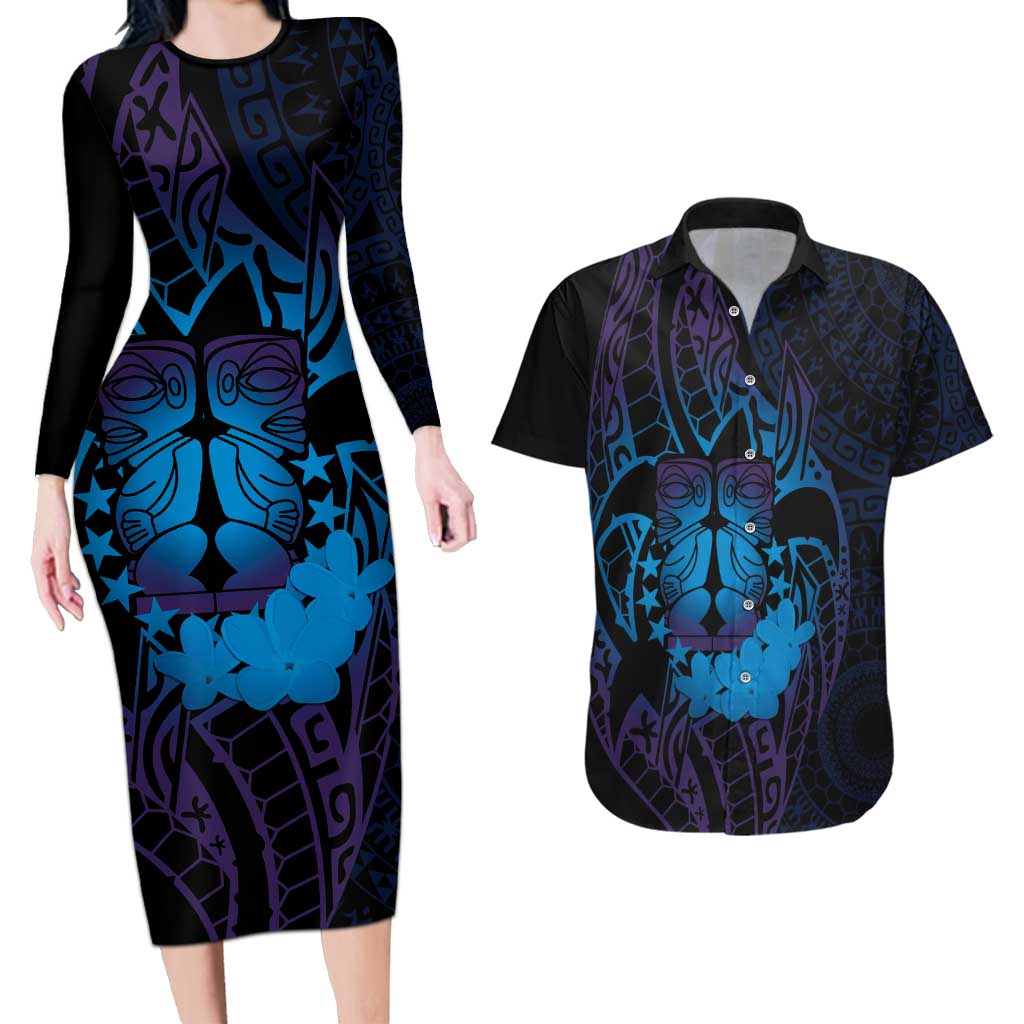 Kia Orana Kuki Airani Couples Matching Long Sleeve Bodycon Dress and Hawaiian Shirt Cook Islands Tangaroa God Tatau Purple
