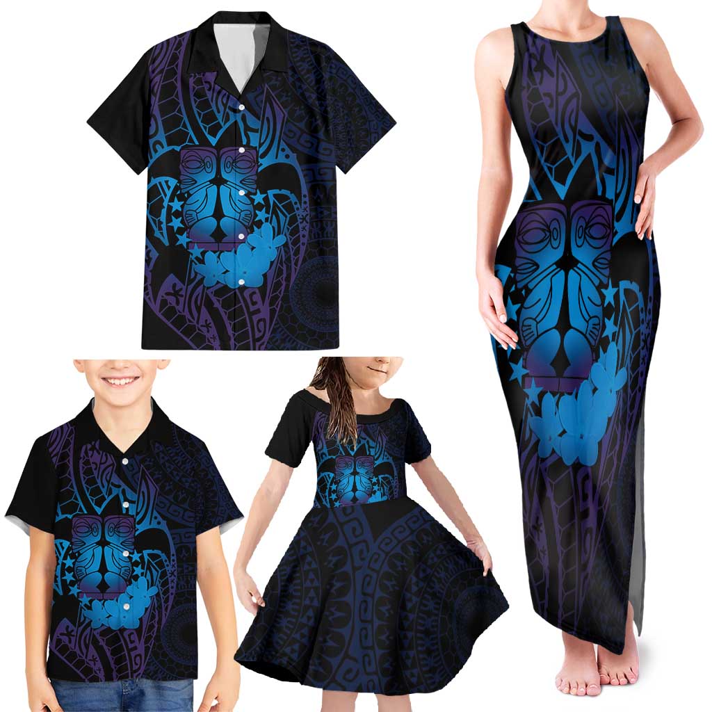 Kia Orana Kuki Airani Family Matching Tank Maxi Dress and Hawaiian Shirt Cook Islands Tangaroa God Tatau Purple