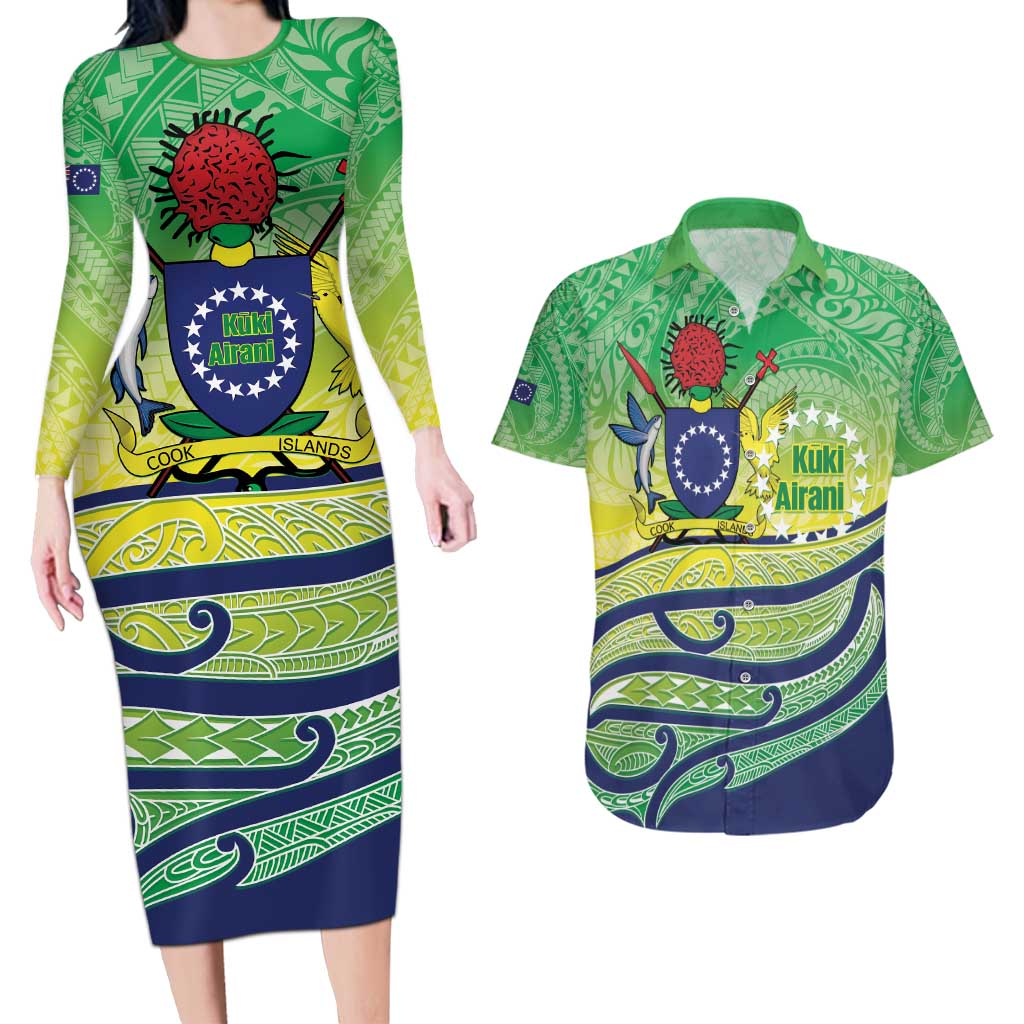 Te Maeva Nui Cook Islands Couples Matching Long Sleeve Bodycon Dress and Hawaiian Shirt 60th Independence Anniversary Proud