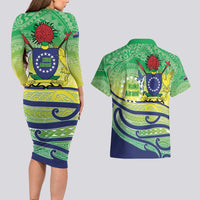 Te Maeva Nui Cook Islands Couples Matching Long Sleeve Bodycon Dress and Hawaiian Shirt 60th Independence Anniversary Proud