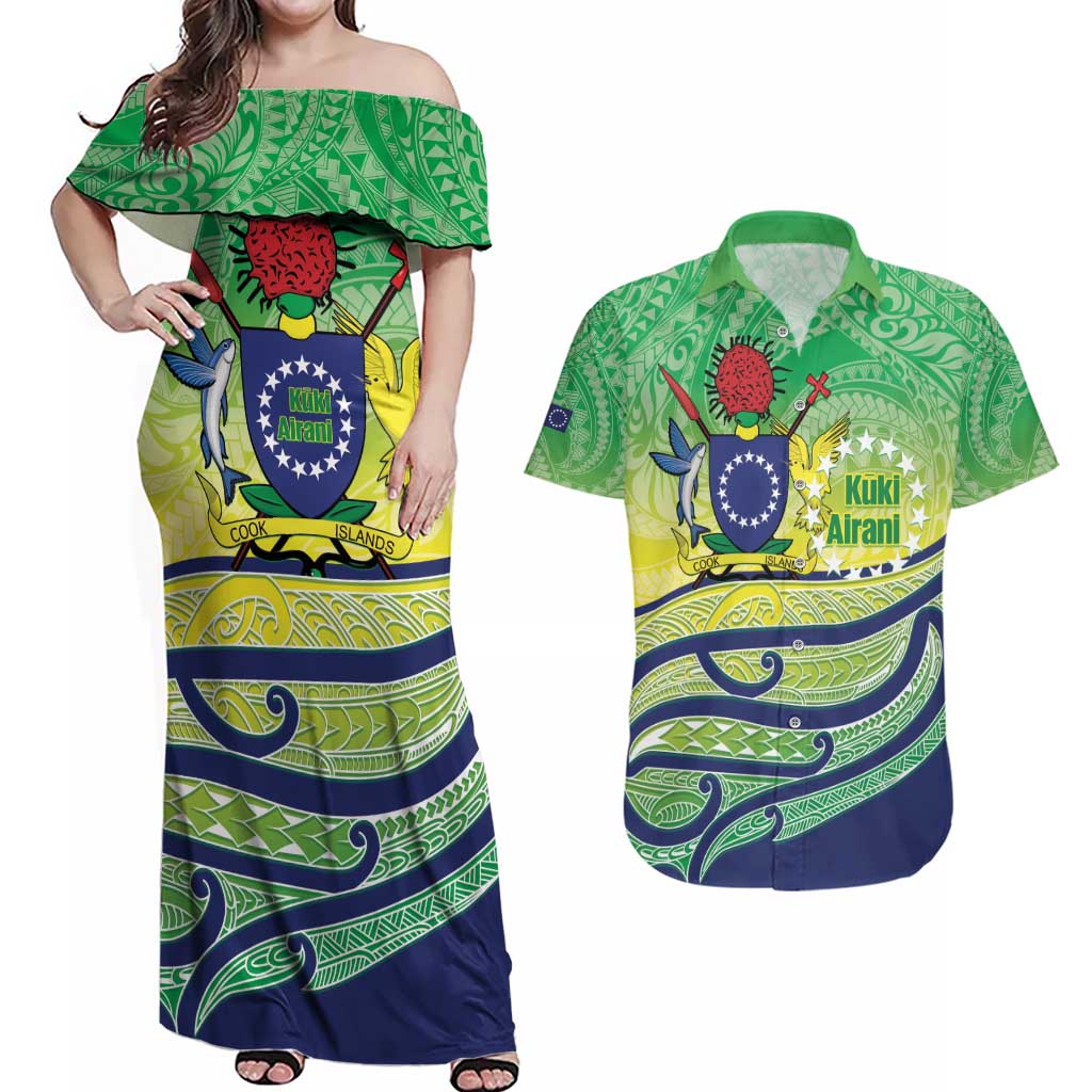 Te Maeva Nui Cook Islands Couples Matching Off Shoulder Maxi Dress and Hawaiian Shirt 60th Independence Anniversary Proud