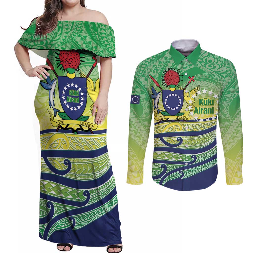 Te Maeva Nui Cook Islands Couples Matching Off Shoulder Maxi Dress and Long Sleeve Button Shirt 60th Independence Anniversary Proud