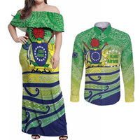 Te Maeva Nui Cook Islands Couples Matching Off Shoulder Maxi Dress and Long Sleeve Button Shirt 60th Independence Anniversary Proud