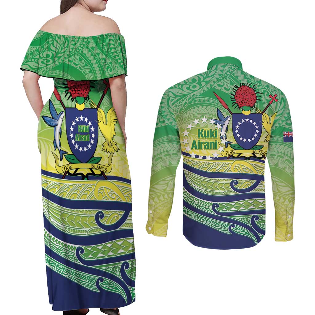 Te Maeva Nui Cook Islands Couples Matching Off Shoulder Maxi Dress and Long Sleeve Button Shirt 60th Independence Anniversary Proud