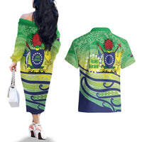Te Maeva Nui Cook Islands Couples Matching Off The Shoulder Long Sleeve Dress and Hawaiian Shirt 60th Independence Anniversary Proud