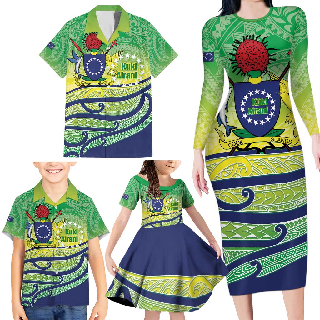 Te Maeva Nui Cook Islands Family Matching Long Sleeve Bodycon Dress and Hawaiian Shirt 60th Independence Anniversary Proud