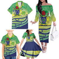 Te Maeva Nui Cook Islands Family Matching Off The Shoulder Long Sleeve Dress and Hawaiian Shirt 60th Independence Anniversary Proud