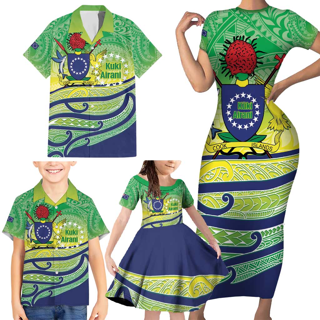 Te Maeva Nui Cook Islands Family Matching Short Sleeve Bodycon Dress and Hawaiian Shirt 60th Independence Anniversary Proud