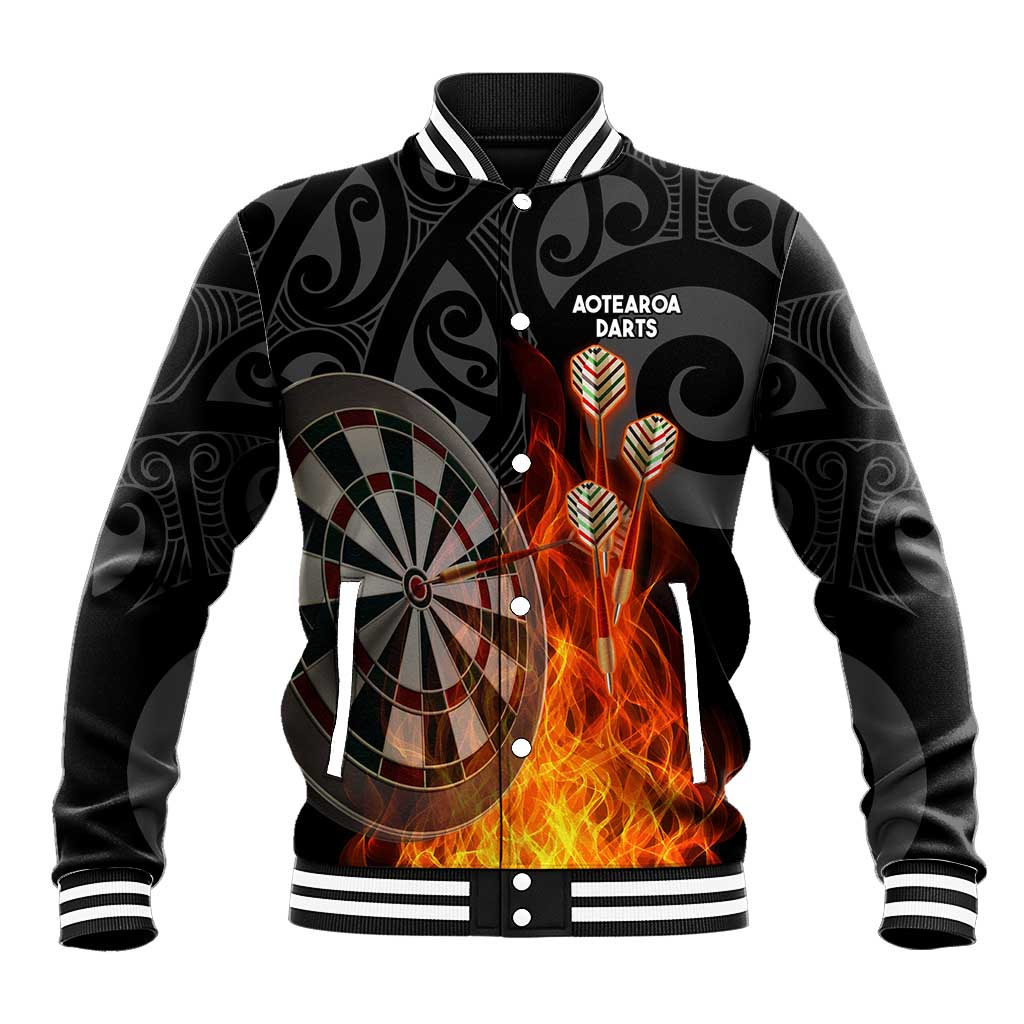 Personalised Aotearoa Darts Baseball Jacket Maori Koru Flaming Dartboard