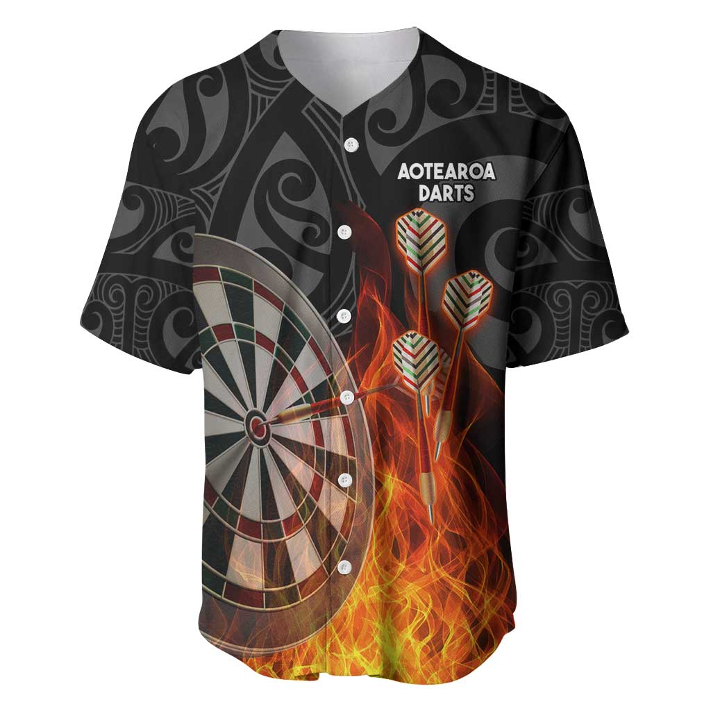 Personalised Aotearoa Darts Baseball Jersey Maori Koru Flaming Dartboard