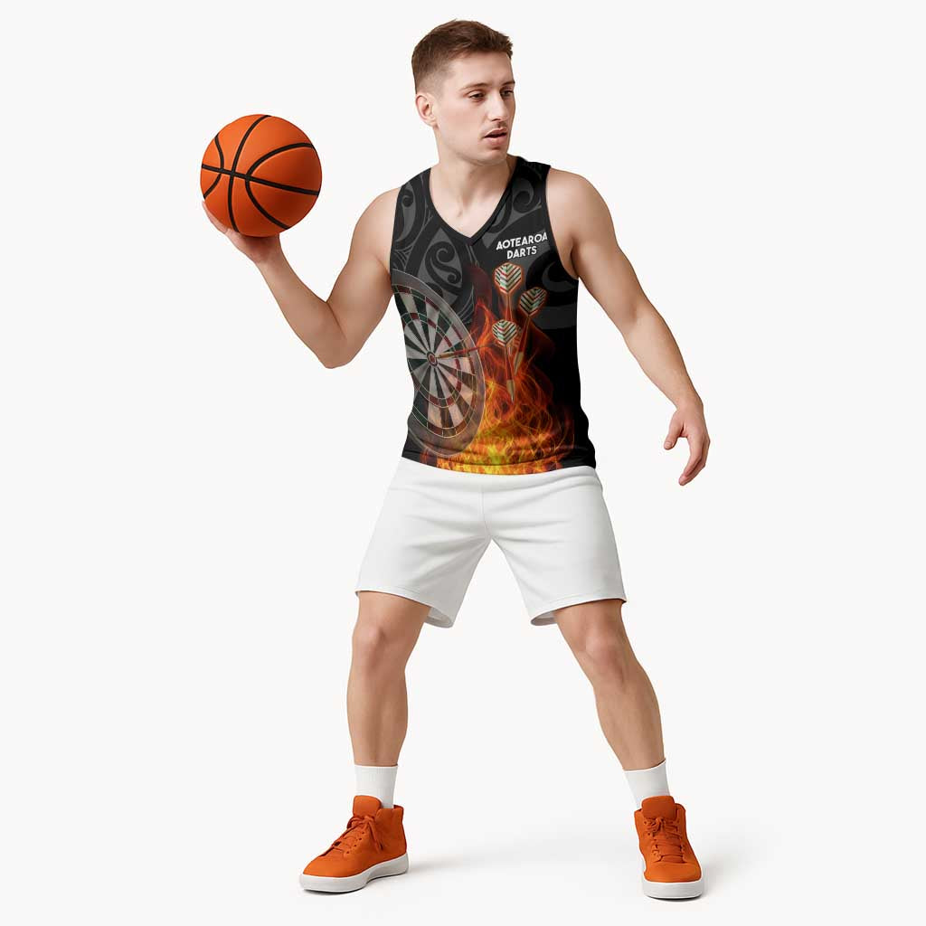 Personalised Aotearoa Darts Basketball Jersey Maori Koru Flaming Dartboard LT14 - Polynesian Pride