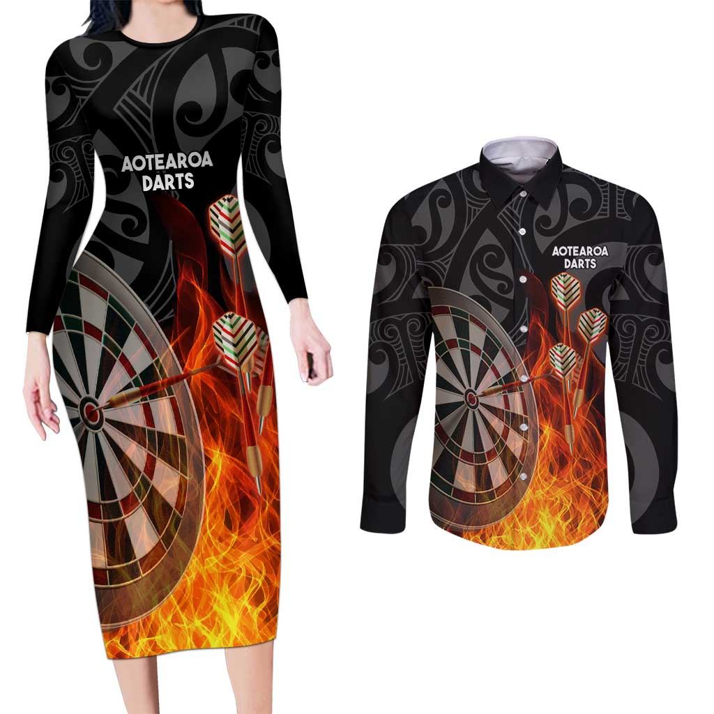 Personalised Aotearoa Darts Couples Matching Long Sleeve Bodycon Dress and Long Sleeve Button Shirt Maori Koru Flaming Dartboard