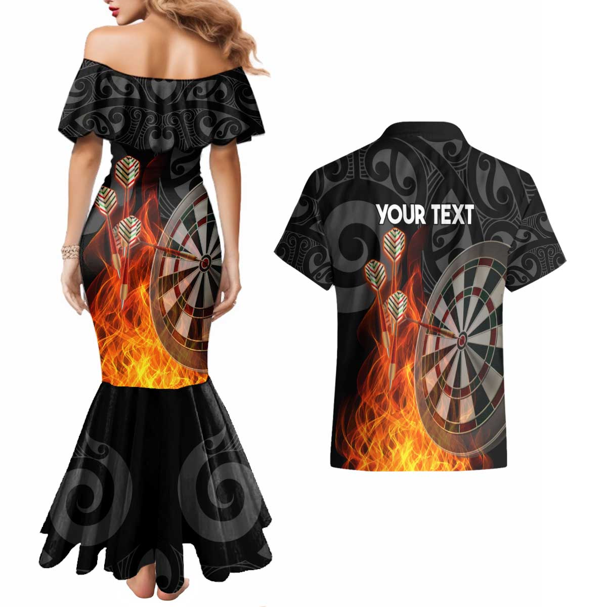 Personalised Aotearoa Darts Couples Matching Mermaid Dress and Hawaiian Shirt Maori Koru Flaming Dartboard LT14 - Polynesian Pride