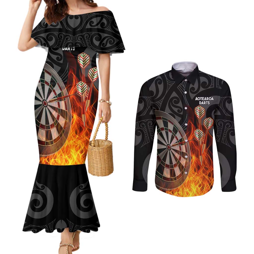 Personalised Aotearoa Darts Couples Matching Mermaid Dress and Long Sleeve Button Shirt Maori Koru Flaming Dartboard