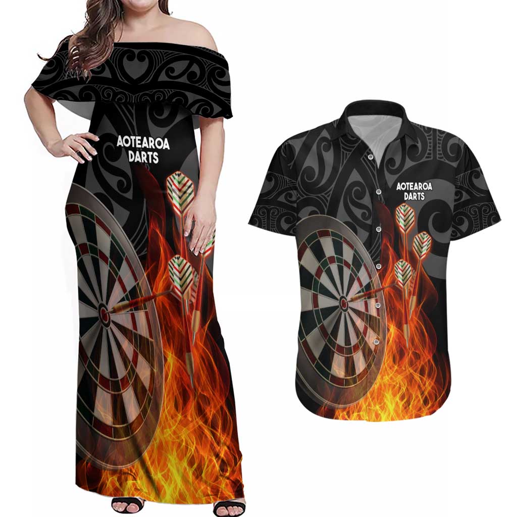 Personalised Aotearoa Darts Couples Matching Off Shoulder Maxi Dress and Hawaiian Shirt Maori Koru Flaming Dartboard
