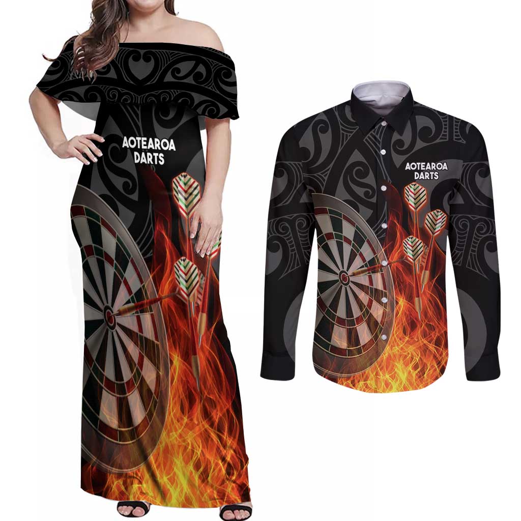 Personalised Aotearoa Darts Couples Matching Off Shoulder Maxi Dress and Long Sleeve Button Shirt Maori Koru Flaming Dartboard