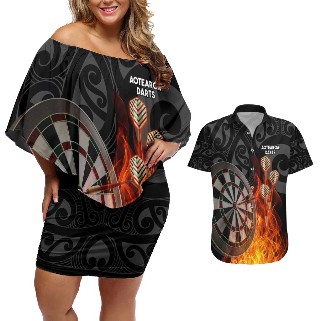 Personalised Aotearoa Darts Couples Matching Off Shoulder Short Dress and Hawaiian Shirt Maori Koru Flaming Dartboard