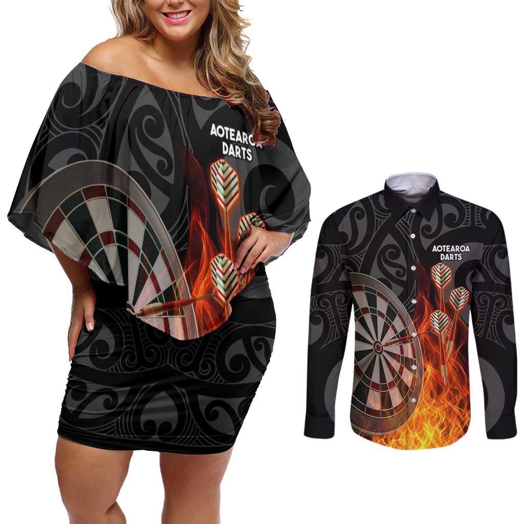 Personalised Aotearoa Darts Couples Matching Off Shoulder Short Dress and Long Sleeve Button Shirt Maori Koru Flaming Dartboard