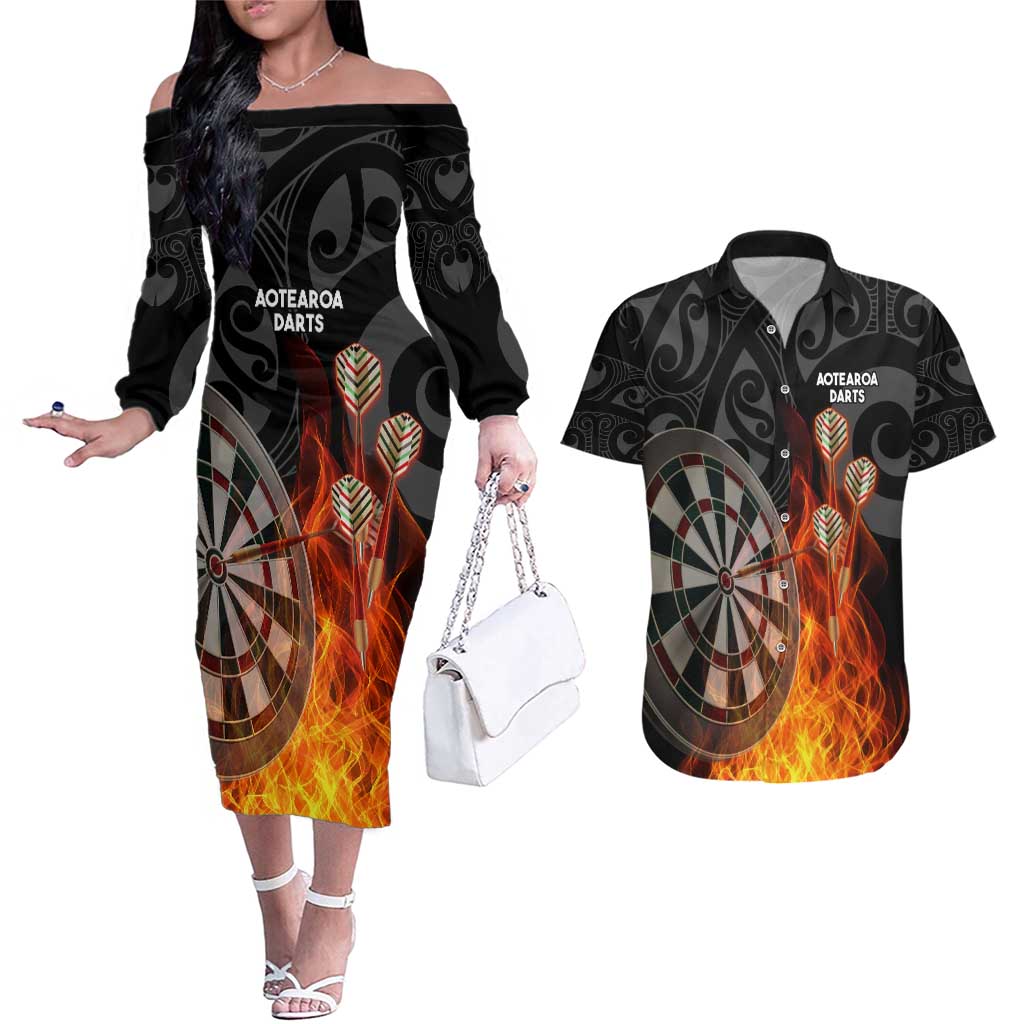 Personalised Aotearoa Darts Couples Matching Off The Shoulder Long Sleeve Dress and Hawaiian Shirt Maori Koru Flaming Dartboard
