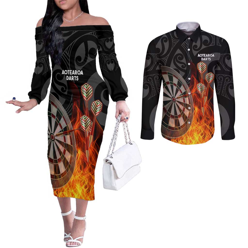 Personalised Aotearoa Darts Couples Matching Off The Shoulder Long Sleeve Dress and Long Sleeve Button Shirt Maori Koru Flaming Dartboard