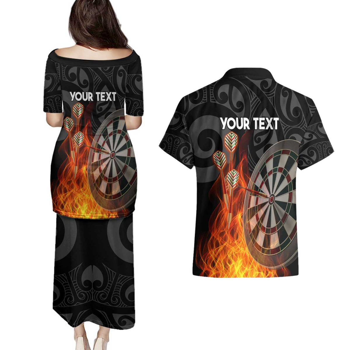Personalised Aotearoa Darts Couples Matching Puletasi and Hawaiian Shirt Maori Koru Flaming Dartboard