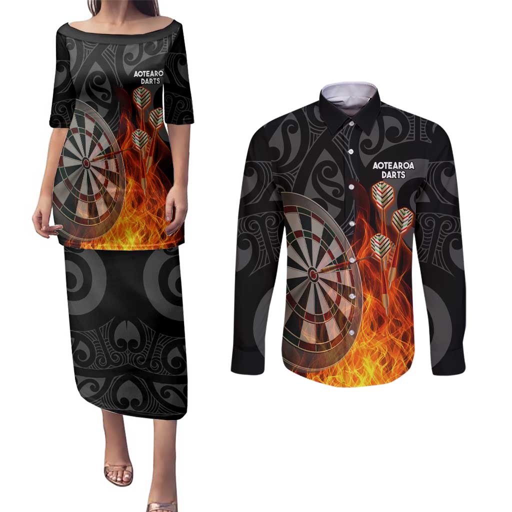 Personalised Aotearoa Darts Couples Matching Puletasi and Long Sleeve Button Shirt Maori Koru Flaming Dartboard