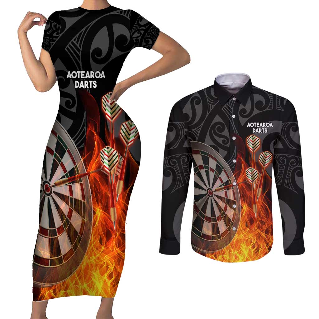 Personalised Aotearoa Darts Couples Matching Short Sleeve Bodycon Dress and Long Sleeve Button Shirt Maori Koru Flaming Dartboard