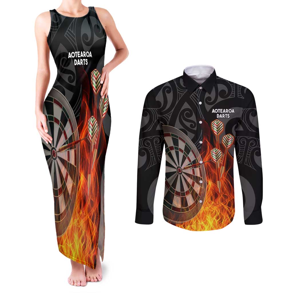 Personalised Aotearoa Darts Couples Matching Tank Maxi Dress and Long Sleeve Button Shirt Maori Koru Flaming Dartboard