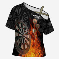 Personalised Aotearoa Darts Cross Shoulder Shirt Maori Koru Flaming Dartboard LT14 Female Black - Polynesian Pride