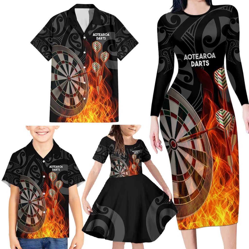 Personalised Aotearoa Darts Family Matching Long Sleeve Bodycon Dress and Hawaiian Shirt Maori Koru Flaming Dartboard