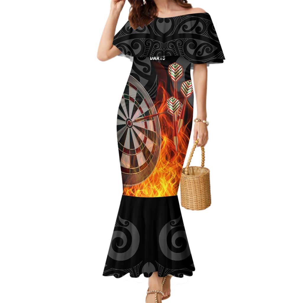 Personalised Aotearoa Darts Family Matching Mermaid Dress and Hawaiian Shirt Maori Koru Flaming Dartboard