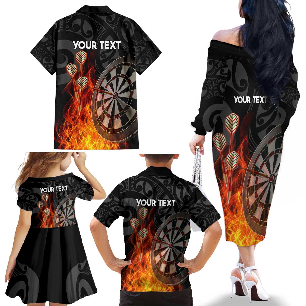 Personalised Aotearoa Darts Family Matching Off The Shoulder Long Sleeve Dress and Hawaiian Shirt Maori Koru Flaming Dartboard