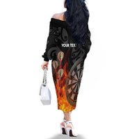 Personalised Aotearoa Darts Family Matching Off The Shoulder Long Sleeve Dress and Hawaiian Shirt Maori Koru Flaming Dartboard