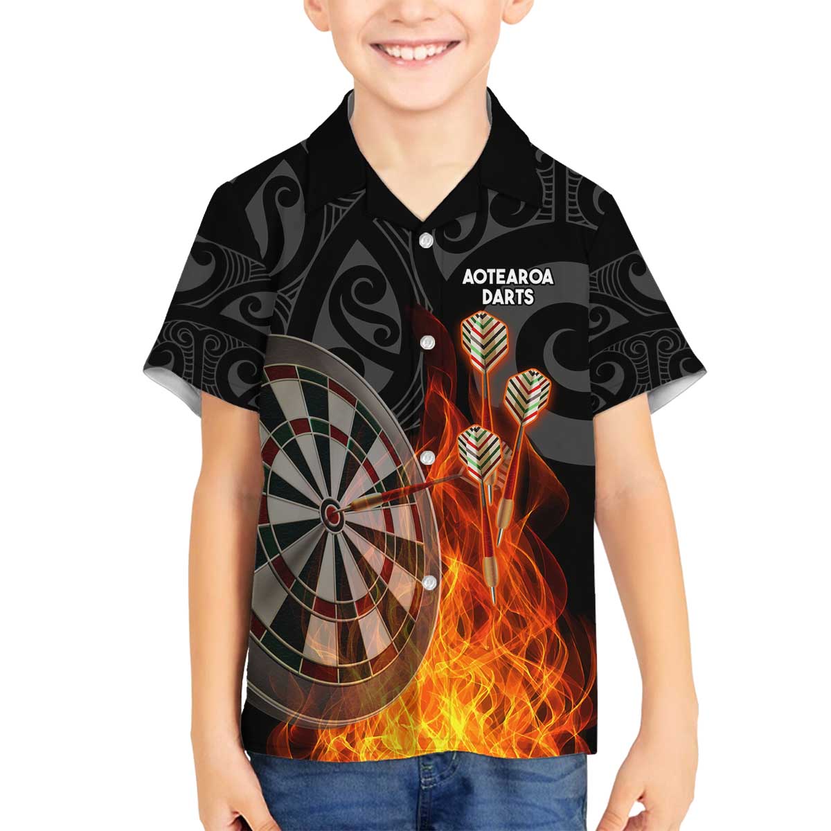 Personalised Aotearoa Darts Family Matching Off The Shoulder Long Sleeve Dress and Hawaiian Shirt Maori Koru Flaming Dartboard