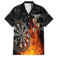 Personalised Aotearoa Darts Family Matching Off Shoulder Maxi Dress and Hawaiian Shirt Maori Koru Flaming Dartboard LT14 Dad's Shirt - Short Sleeve Black - Polynesian Pride