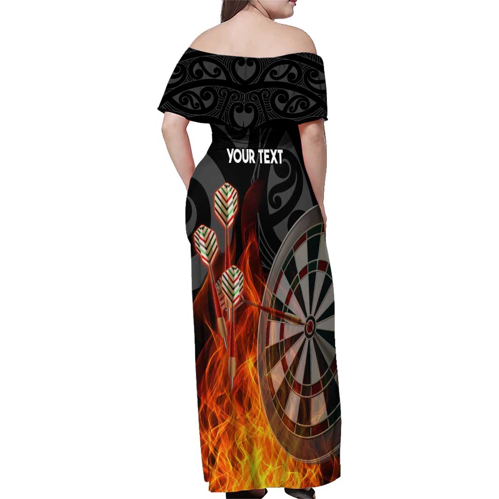 Personalised Aotearoa Darts Family Matching Off Shoulder Maxi Dress and Hawaiian Shirt Maori Koru Flaming Dartboard LT14 - Polynesian Pride