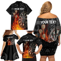 Personalised Aotearoa Darts Family Matching Off Shoulder Short Dress and Hawaiian Shirt Maori Koru Flaming Dartboard LT14 - Polynesian Pride