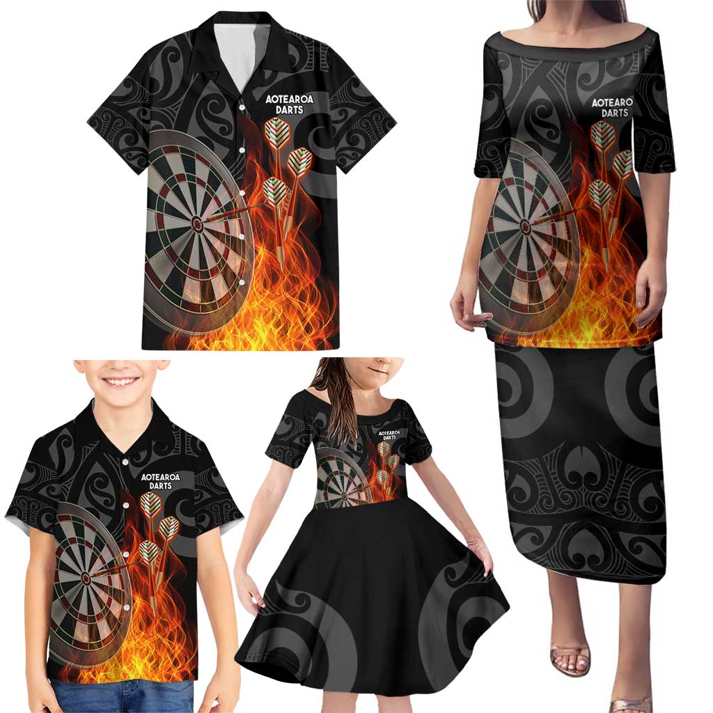 Personalised Aotearoa Darts Family Matching Puletasi and Hawaiian Shirt Maori Koru Flaming Dartboard LT14 - Polynesian Pride