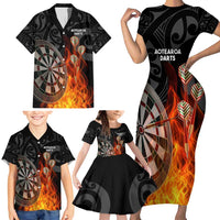 Personalised Aotearoa Darts Family Matching Short Sleeve Bodycon Dress and Hawaiian Shirt Maori Koru Flaming Dartboard