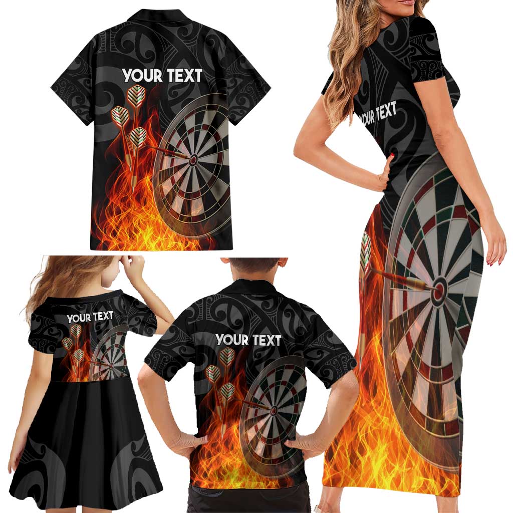 Personalised Aotearoa Darts Family Matching Short Sleeve Bodycon Dress and Hawaiian Shirt Maori Koru Flaming Dartboard