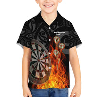 Personalised Aotearoa Darts Family Matching Short Sleeve Bodycon Dress and Hawaiian Shirt Maori Koru Flaming Dartboard