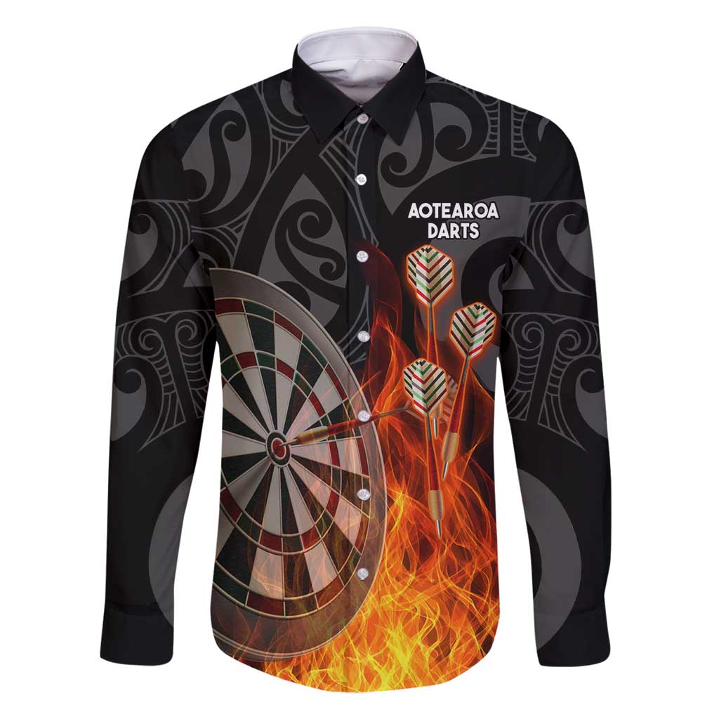 Personalised Aotearoa Darts Family Matching Summer Maxi Dress and Hawaiian Shirt Maori Koru Flaming Dartboard LT14 Dad's Shirt - Long Sleeve Black - Polynesian Pride