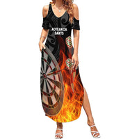 Personalised Aotearoa Darts Family Matching Summer Maxi Dress and Hawaiian Shirt Maori Koru Flaming Dartboard LT14 Mom's Dress Black - Polynesian Pride